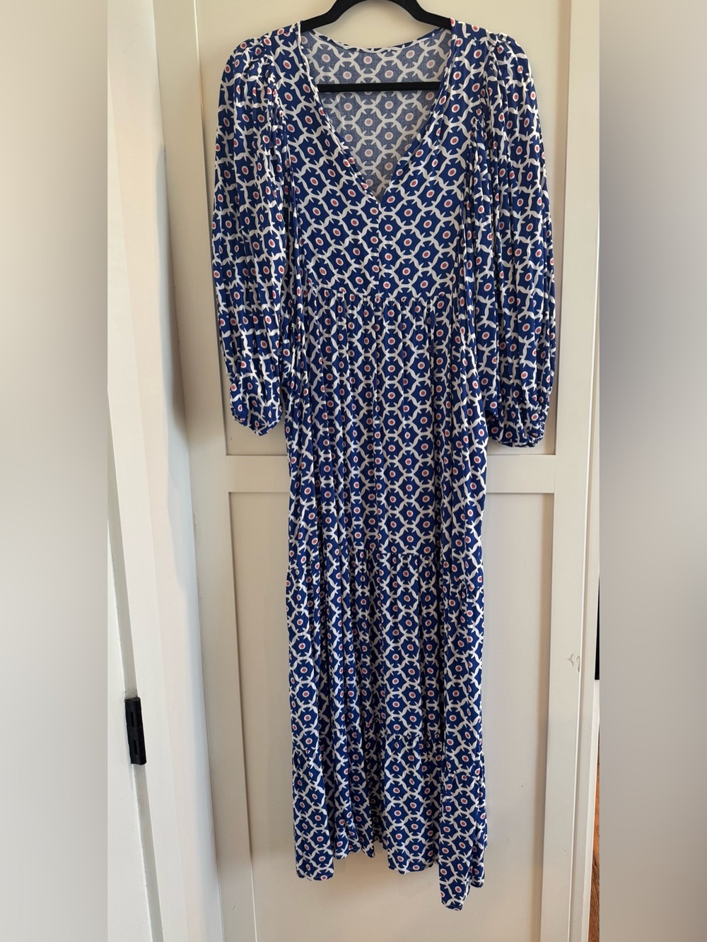 Blue Patterned V-Neck Maxi Dress